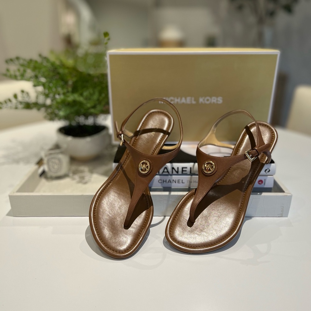 Michael Kors Ramona Brown Wedge Sandal with Gold MK Logo Detail Women’s Size 10
